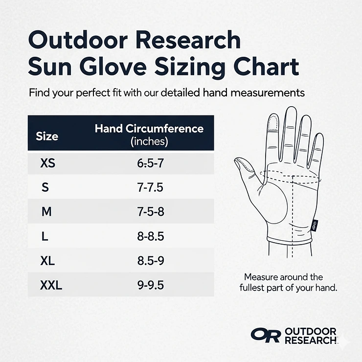 An infographic of the Outdoor Research sun glove sizing chart, providing measurements for different hand sizes to help customers find their perfect fit.