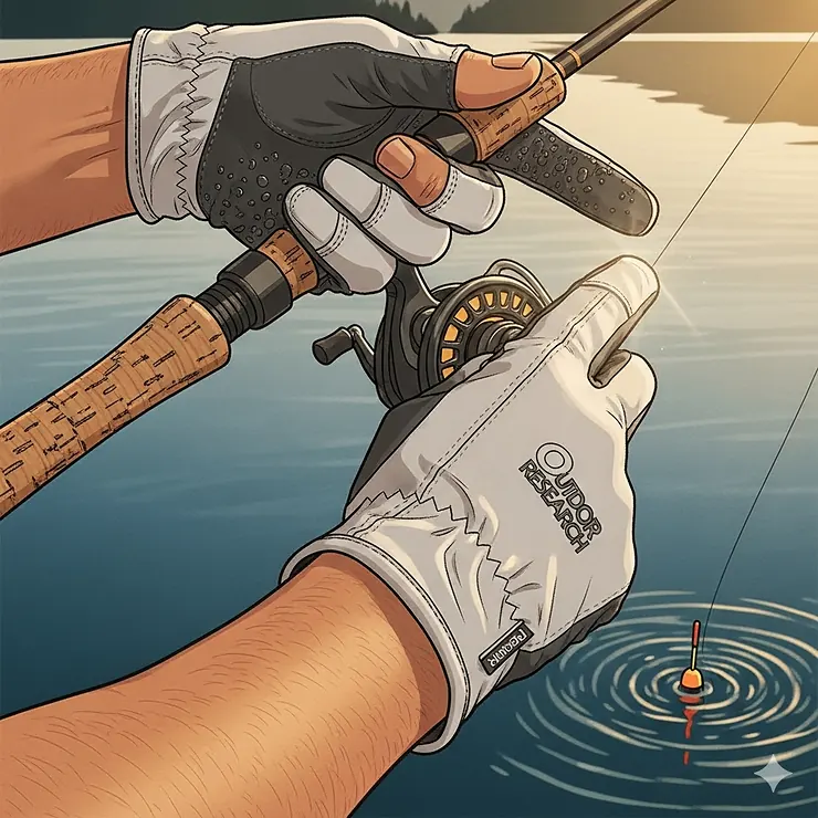 An illustration of a person wearing Outdoor Research sun gloves while fishing on a lake, emphasizing the dexterity and grip provided by the gloves.