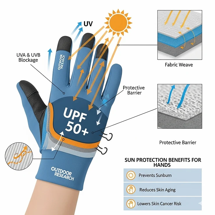 A diagram illustrating how Outdoor Research Sun Gloves block UV rays, with a graphic showing the UPF 50+ rating and highlighting sun protection benefits for the hands.