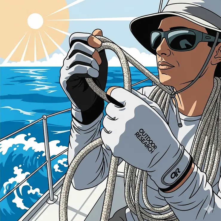 A vector illustration of a person sailing, showing the Outdoor Research sun gloves protecting their hands from sun exposure and providing a better grip on the ropes.
