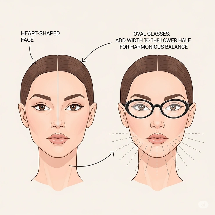 An illustration showing how oval-shaped glasses can create a harmonious look for a heart-shaped face by adding width to the lower half.