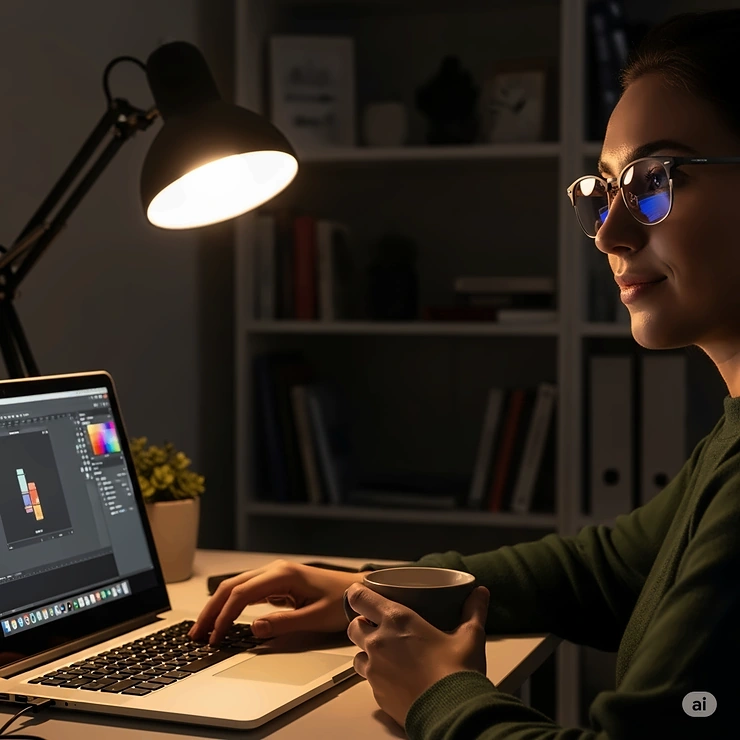 A person wearing a stylish pair of blue light filtering glasses while comfortably using a laptop in a dimly lit room.