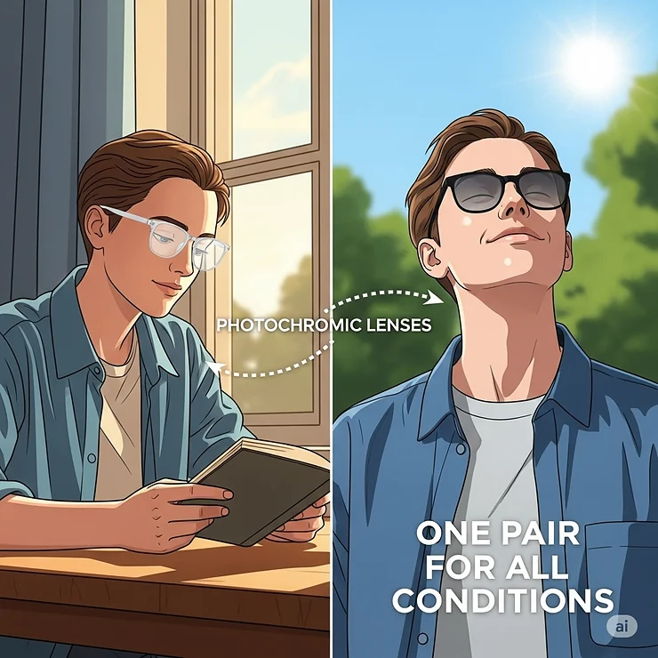 An illustration of a person transitioning from indoors to outdoors, with a clear pair of photochromic lenses inside and a darkened pair outside, highlighting their convenience as a single pair of glasses.