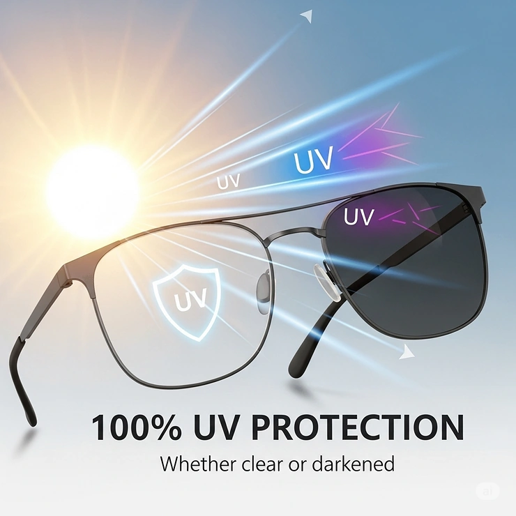 An image of photochromic lenses blocking UV rays from the sun, with a shield icon. This illustration emphasizes that photochromic lenses offer 100% UV protection, whether they are clear or darkened.