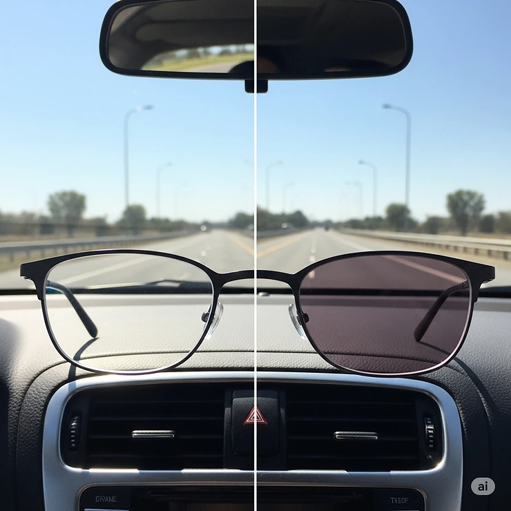 A split-screen image demonstrating a photochromic lens changing from clear to a darker tint in response to sunlight, showing its versatility as a single-lens solution for driving in varying light.