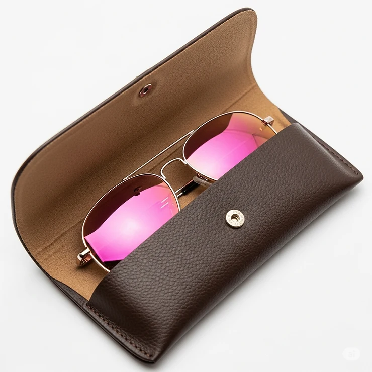 A pair of pink aviator sunglasses tucked into a sleek leather case, ready for travel and protection.