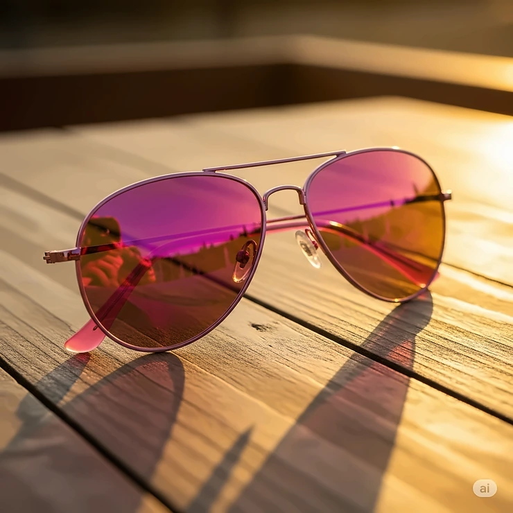 A pair of pink aviator sunglasses resting on a wooden table, with the sunlight catching the reflective lenses.