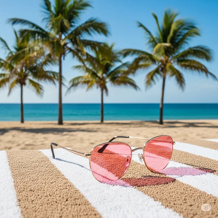A pair of chic pink lens sunglasses resting on a sandy beach towel, with a sparkling blue ocean and palm trees in the background, creating a vacation feel.