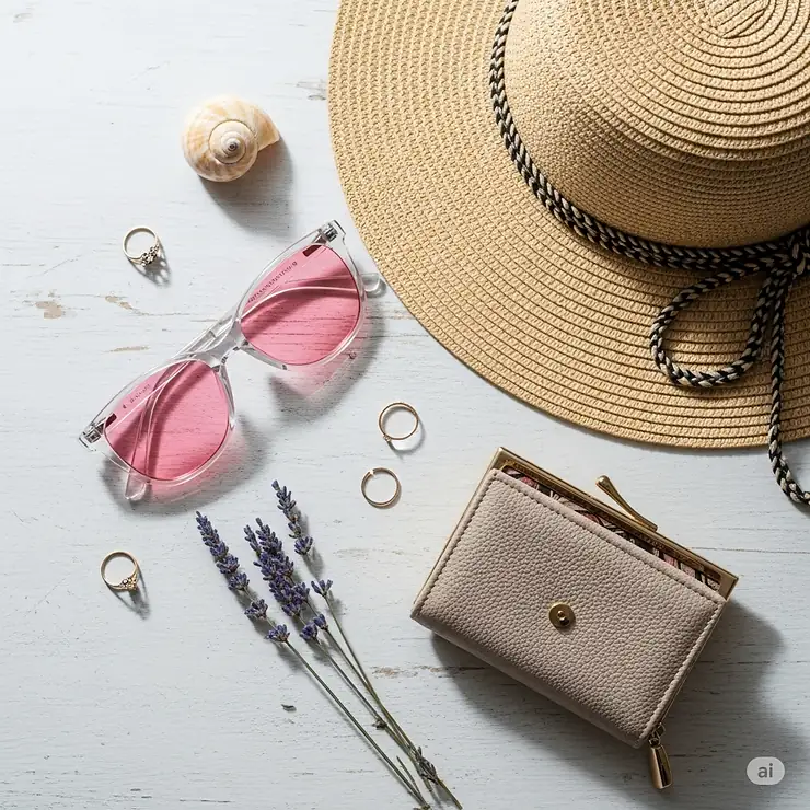 A flat lay photo showing a pair of pink lens sunglasses next to a few complementary accessories like a stylish wallet and a summer hat.