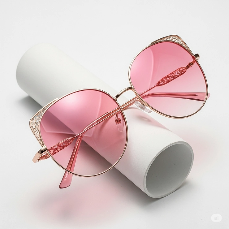 A pair of fashionable pink lens sunglasses showcased on a minimalist white display stand, emphasizing the frame design and color.