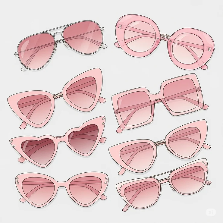 Illustration of a collection of different pink sunglasses styles for women, including classic aviators, retro round frames, and modern square-shaped lenses.