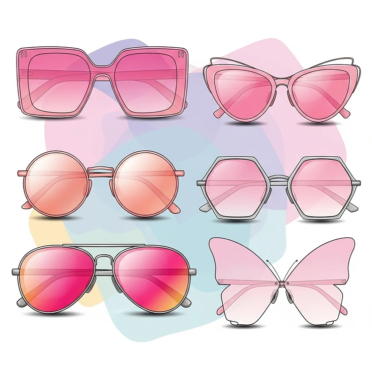 A colorful illustration showcasing the latest fashion trends in women's pink sunglasses, highlighting popular shapes and lens colors.