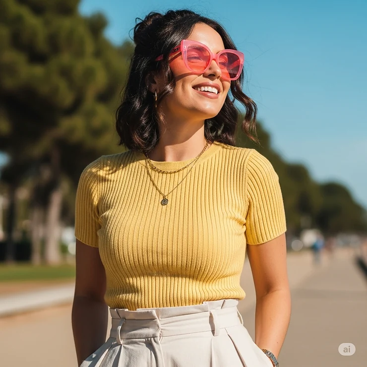 A stylish woman with a confident smile, wearing oversized pink cat-eye sunglasses and a trendy outfit, enjoying a sunny day outdoors.