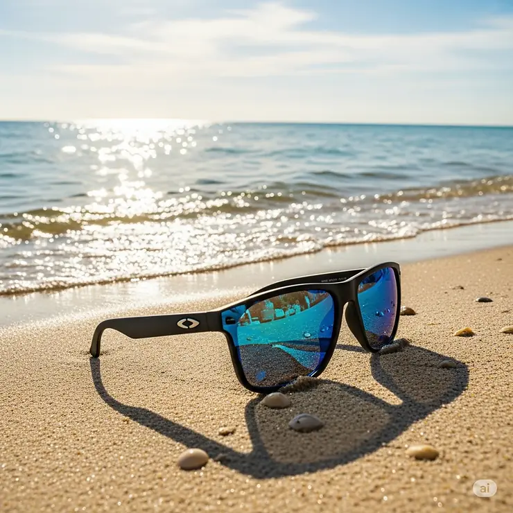 Polarized blue lenses sunglasses resting on a sandy beach next to clear water, highlighting glare reduction.