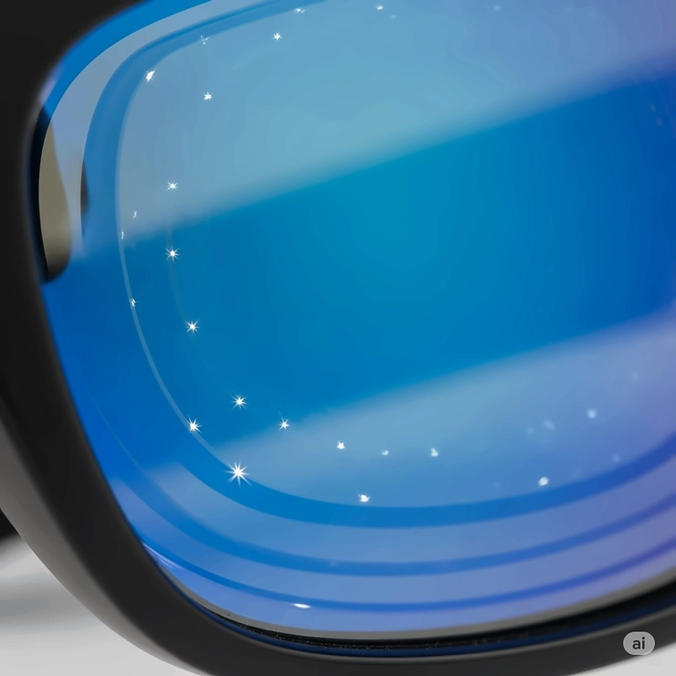 Detail shot of the lens of polarized blue tinted sunglasses, emphasizing their glare-reducing technology and crisp vision.