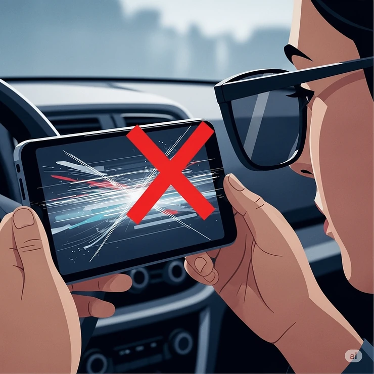 A person looking at a digital screen, like a smartphone or car dashboard, while wearing polarized lenses. A red "X" over the image indicates that some polarized lenses can interfere with viewing LCD screens.