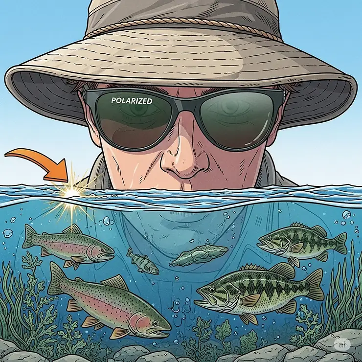A close-up illustration of a person fishing with polarized sunglasses on, showing the glare being removed from the water's surface to reveal fish below, a key benefit for outdoor activities.