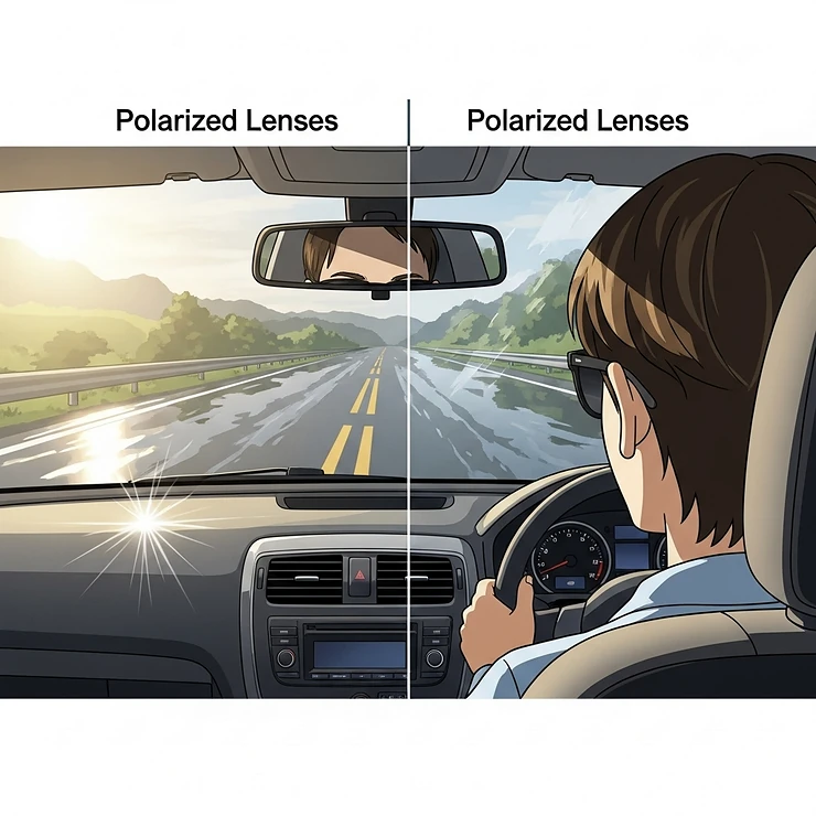 A driver wearing polarized sunglasses, with an arrow pointing to the road ahead, illustrating how the lenses reduce blinding glare from the car dashboard and road surfaces for safer driving.