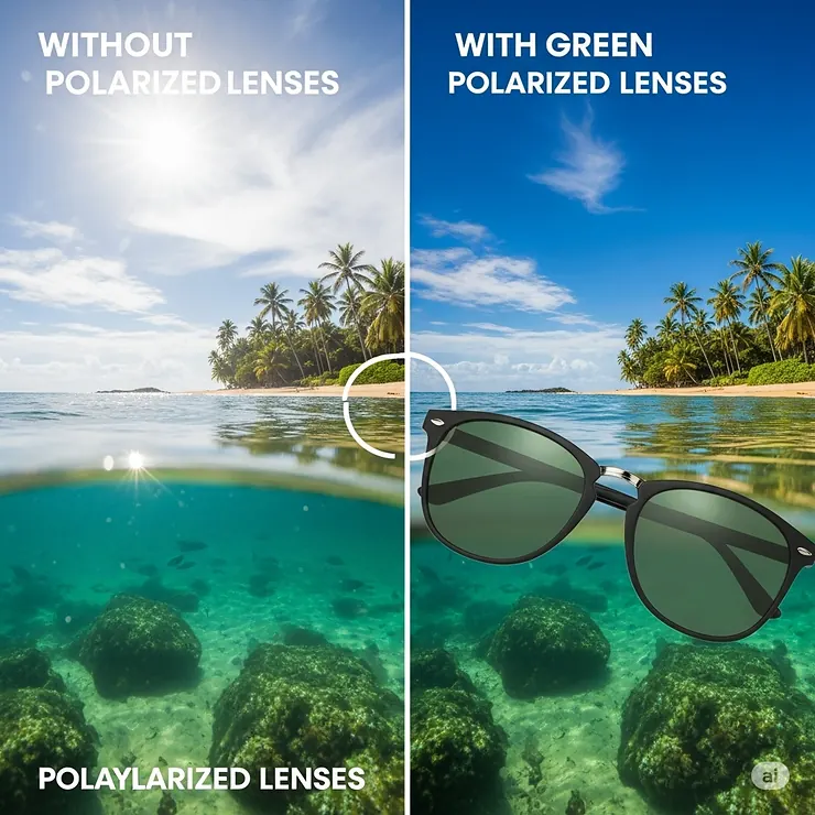 An illustrative comparison showing the difference between a view with and without polarized lenses, demonstrating the superior glare reduction of green polarized sunglasses.