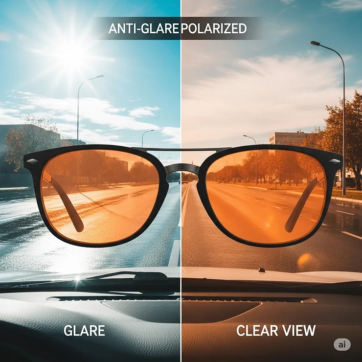An illustration demonstrating the anti-glare benefits of polarized orange lens sunglasses, showing a clear view through the lenses.