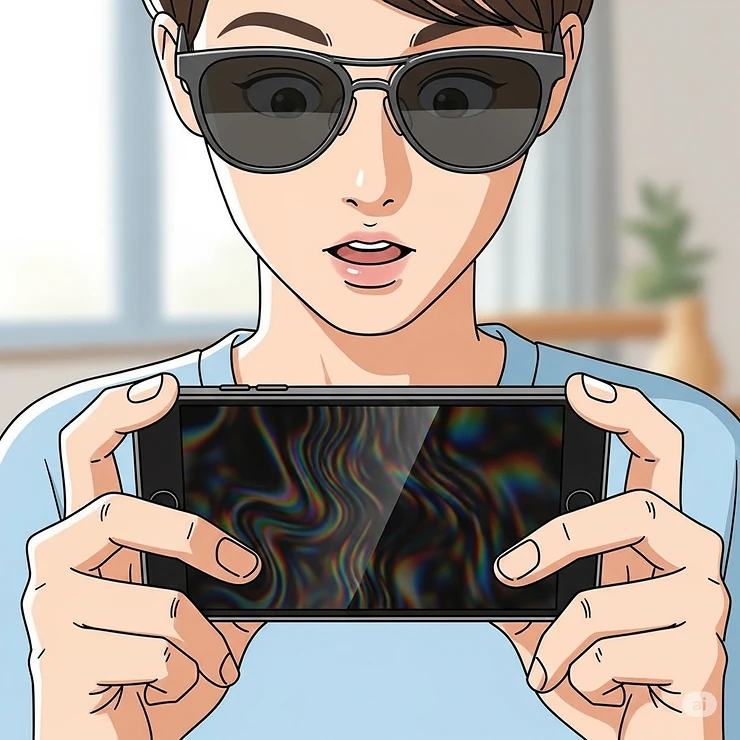 A user wearing polarized sunglasses looking at a smartphone or LCD screen, with the screen appearing distorted or blacked out. This highlights a potential drawback of polarized sunglasses and offers an important consideration for certain users.