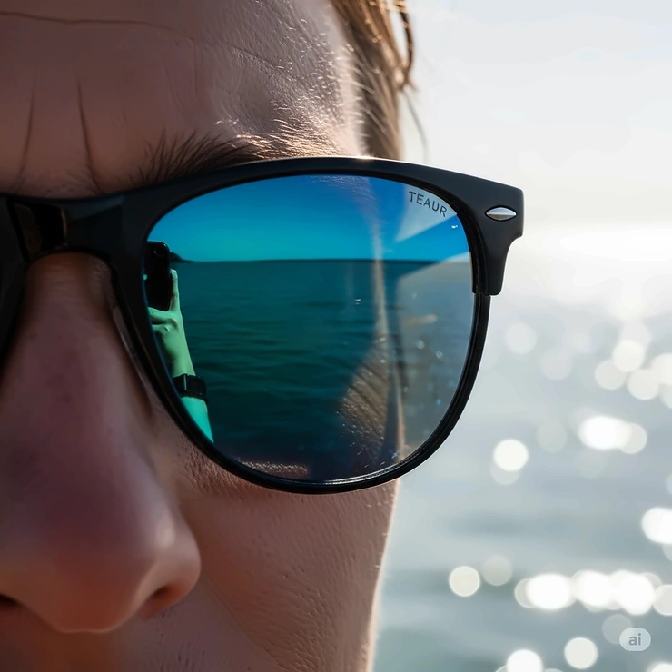 A close-up shot of a person wearing polarized sunglasses, showing how the lenses reduce glare from a bright, reflective surface like water. This illustrates why polarized sunglasses are often considered better for your eyes.