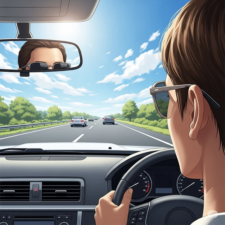An illustration of a driver wearing polarized sunglasses, with a clear view of the road ahead, free from the blinding glare of the sun reflecting off the car's hood or the road itself. This image demonstrates why polarized sunglasses are better for your driving safety.