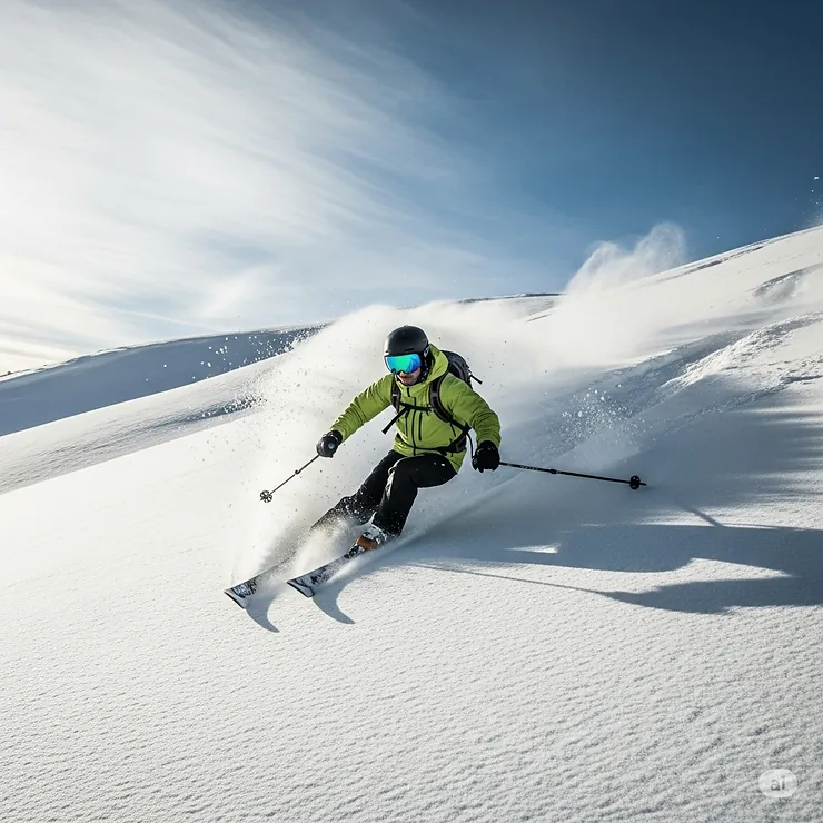 An image of a skier on a snowy mountain, with polarized lenses reducing the intense glare reflecting off the snow, providing a clearer and more comfortable view. This demonstrates the advantages of polarized sunglasses in snowy environments.