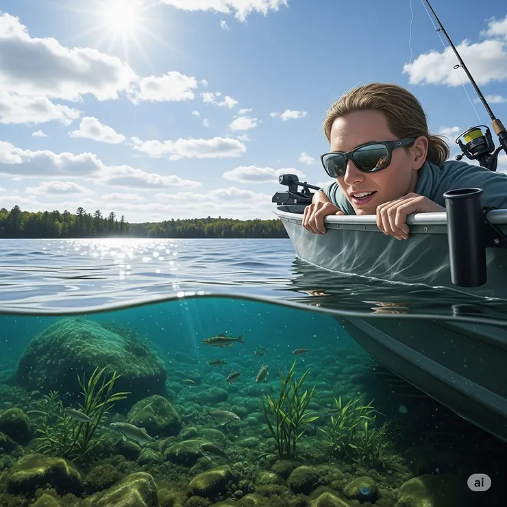An illustration of a person fishing or boating, with polarized sunglasses allowing them to see clearly into the water by cutting through surface glare. This shows how polarized sunglasses are better for your vision during water-based activities.