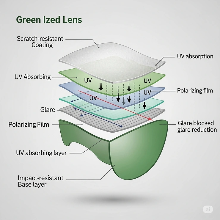A technical diagram explaining the different layers of a green polarized lens and how they work together to block glare and UV rays.