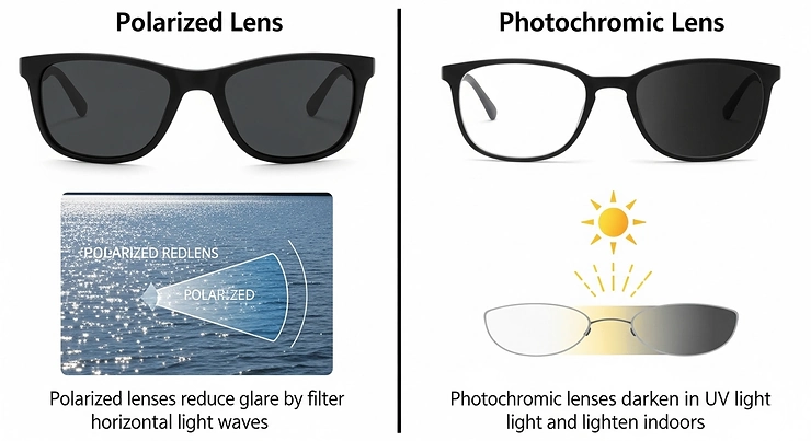 A side-by-side comparison of polarized and photochromic lenses, demonstrating how polarized lenses reduce glare on water and how photochromic lenses darken in the sun.
