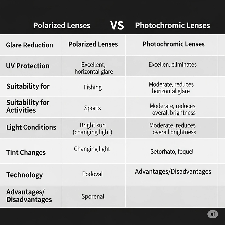 A summary table or chart comparing polarized and photochromic lenses based on key factors like glare reduction, UV protection, suitability for different activities, and light conditions.