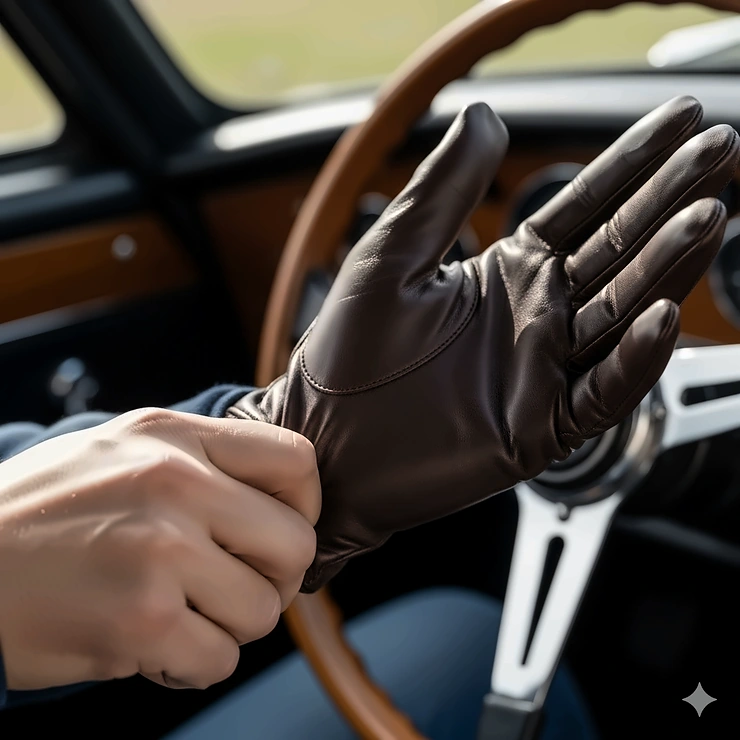 A person's hand slides into a driving glove, demonstrating the comfortable, easy fit and showcasing how the gloves are designed specifically for sun protection while driving.