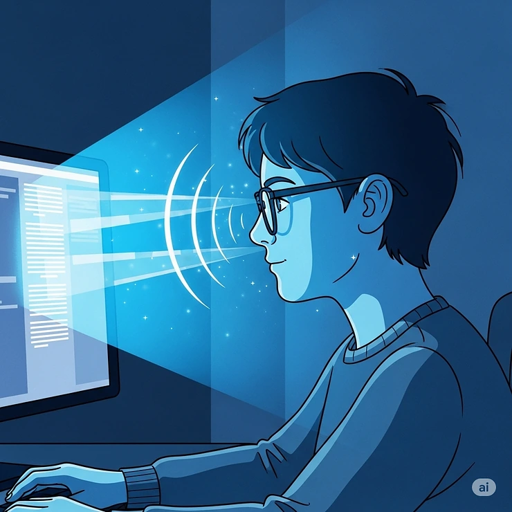 An illustration depicting a person wearing regular glasses while working on a computer, with unfiltered blue light waves radiating from the screen. blue light glasses vs regular