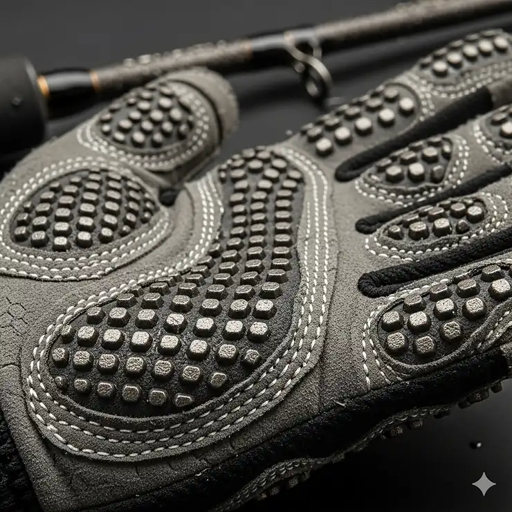 The reinforced, non-slip palm of a pair of fishing gloves, highlighting the material that provides a superior grip on wet surfaces and fishing rods.