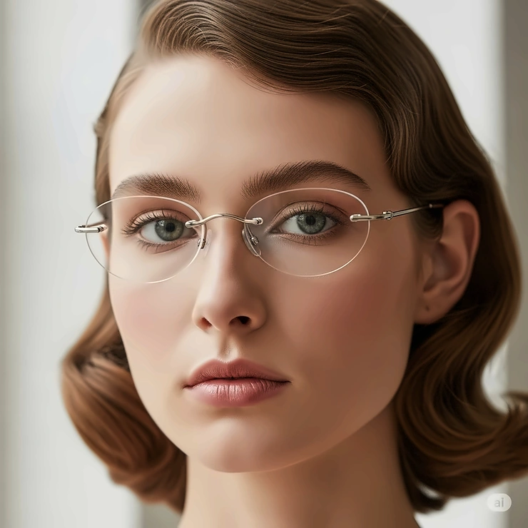 An image of rimless glasses on a heart-shaped face, highlighting how their minimal design provides a subtle and complementary look.