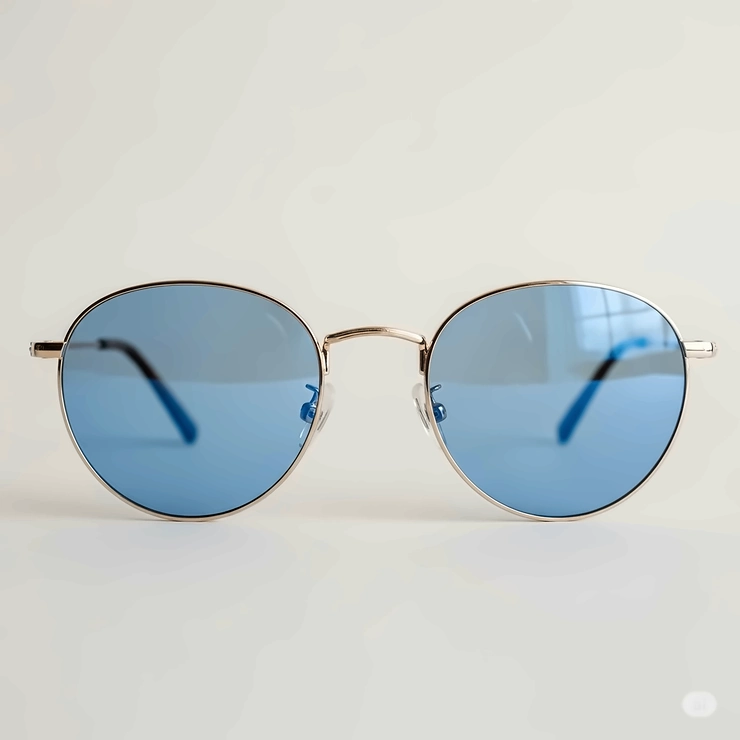 Fashionable round frame sunglasses featuring trendy blue lenses on a minimalist background.