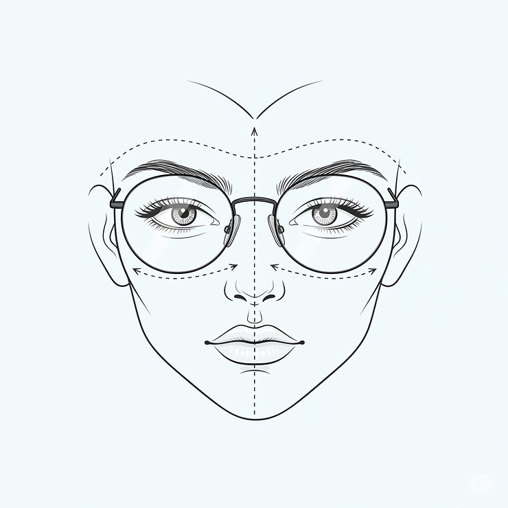 A diagram illustrating a heart-shaped face wearing stylish round glasses, which can soften sharp jawlines and forehead.