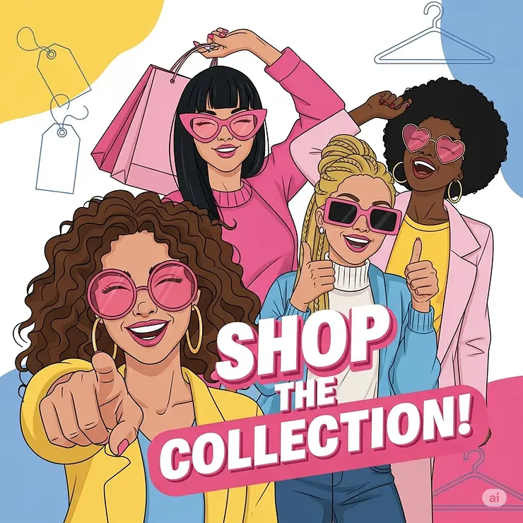 A dynamic illustration featuring a group of diverse women, each wearing unique pink sunglasses, encouraging visitors to shop the collection.
