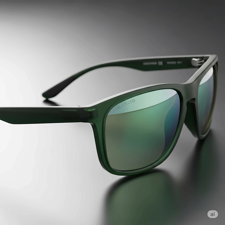 A side-view of green polarized sunglasses, highlighting the sleek frame design and the subtle green tint of the polarized lenses.