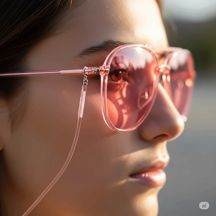 A side view of a person wearing pink aviator sunglasses, focusing on the slender arms and comfortable fit.