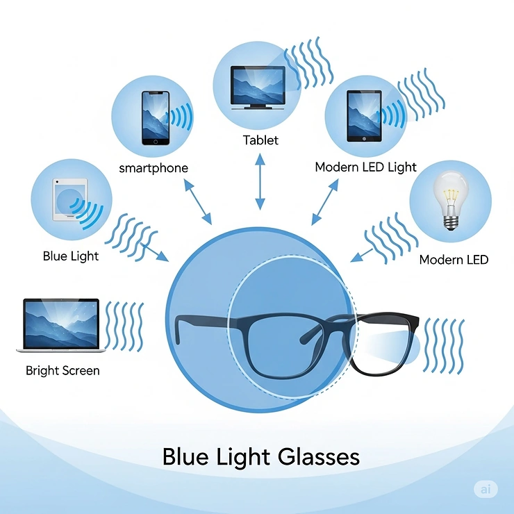 A diagram showing various sources of blue light, including smartphones, tablets, laptops, and LED lights, which blue light glasses are designed to protect against.
