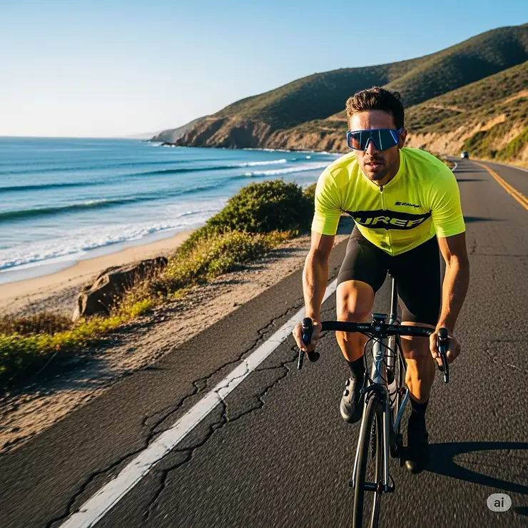 Athlete wearing sporty blue lenses sunglasses while cycling on a sunny road, emphasizing performance.