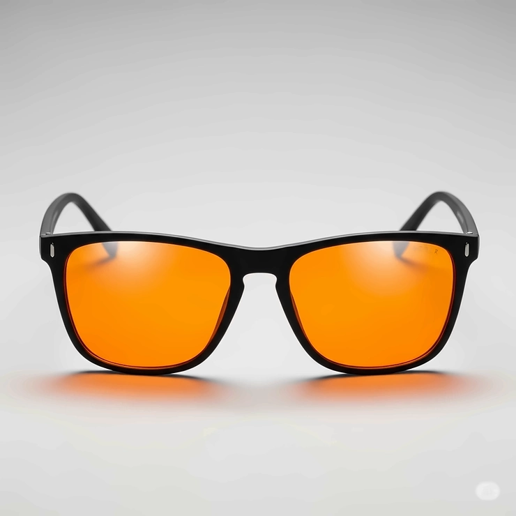 A full-frame studio shot of a pair of modern sunglasses featuring bright orange lenses and a sleek black frame.