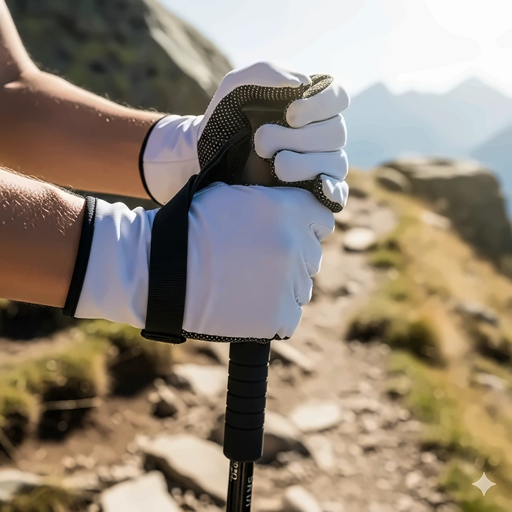 A close-up shot of a hiker's hands wearing white sun gloves, holding a hiking pole on a sunny mountain trail. The gloves protect the skin from harmful UV rays during a long trek.