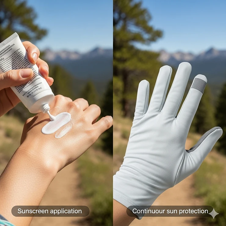 A comparison image showing one hand applying sunscreen and the other hand wearing a pair of sun gloves, illustrating the convenience and continuous protection of sun gloves for hikers.