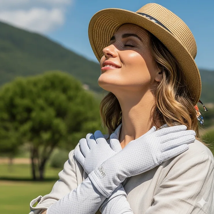 A woman wearing stylish, lightweight sun protection gloves while enjoying a sunny day outdoors.