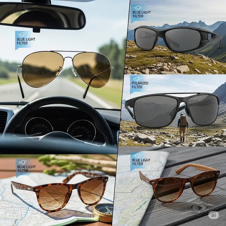 A collage of different sunglasses styles suitable for various outdoor activities like driving or hiking, all of which are effective at blocking blue light to improve visual comfort and safety.