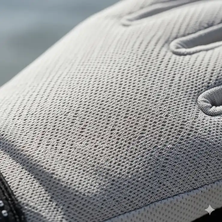 Detail of the moisture-wicking, breathable fabric on the back of sun-protection fishing gloves, showing the texture that allows for air circulation on a hot day.