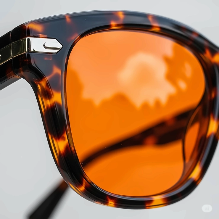 Detail shot showing the unique tortoise shell frame of a pair of sunglasses, highlighting the contrast with the striking orange lenses.